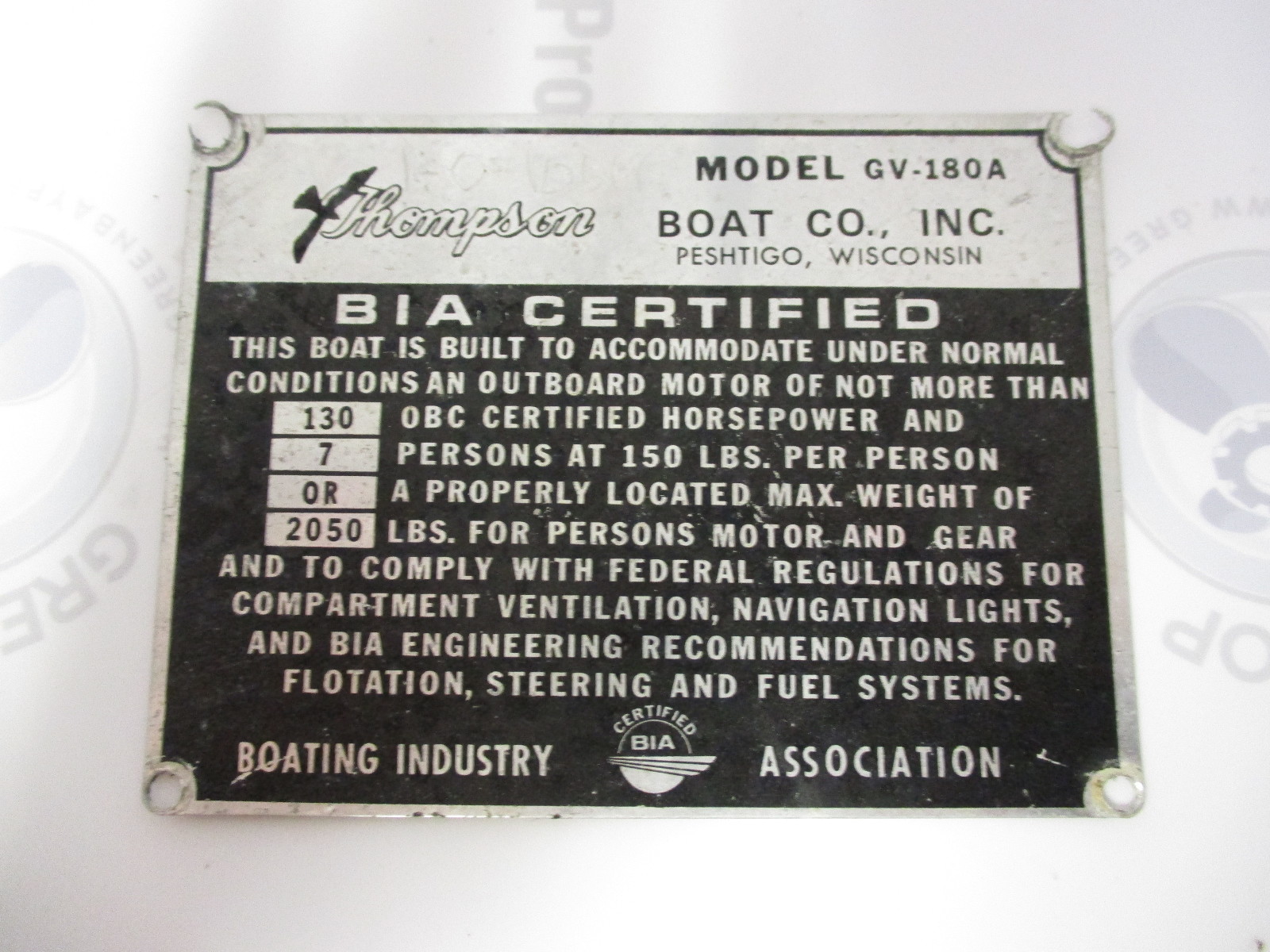 Vintage Arkansas Traveler Boat Capacity & Serial Number Plate Green