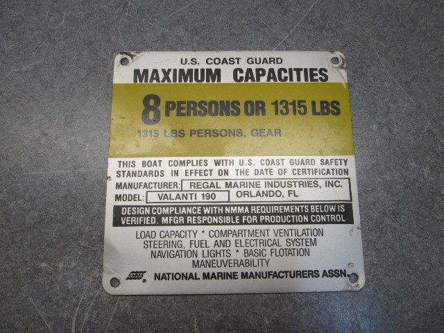 1990 Regal Valanti 200 Boat Coast Guard Max Capacity Plate