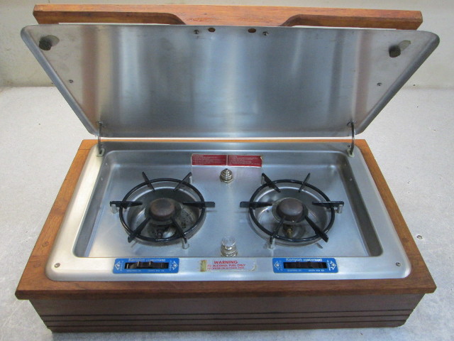 Vintage Kenyon Marine Homestrand Boat 2 Burner Alcohol Stove Top Wood Case SST Cover