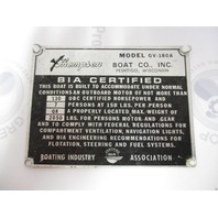 Vintage Thompson Boat Co. Capacity & Serial Number Plate