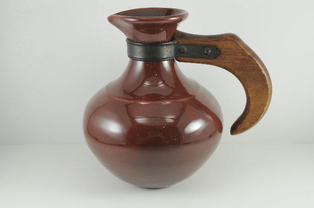 Vintage GMB Gladding McBean Pottery Carafe Reddish Brown Wood Handle Copper