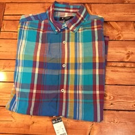 Cremieux Short Sleeve Button-Front Shirt M Aqua Plaid Cotton