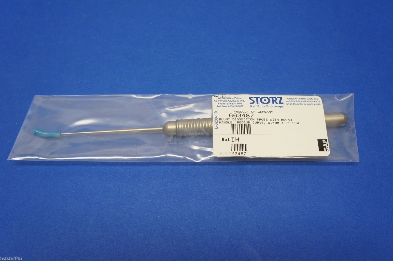 Karl Storz 663487 Blunt Dissection Probe W/Round Hndle Medium Crve 0
