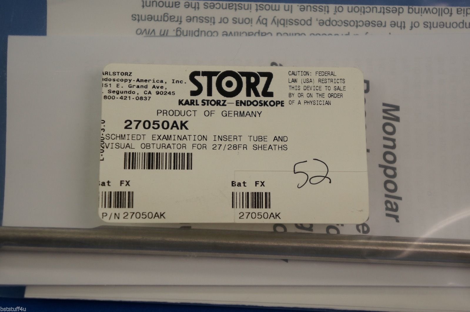 Tube d'insertion d'examen et obturateur visuel Karl Storz 27050AK Schmiedt