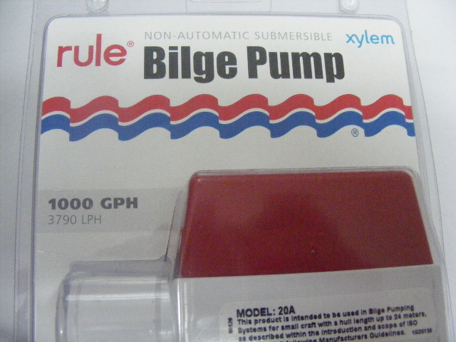 Rule Boat Marine 12V Square Non-Automatic Bilge Pump 1000 GPH model RUL 20A
