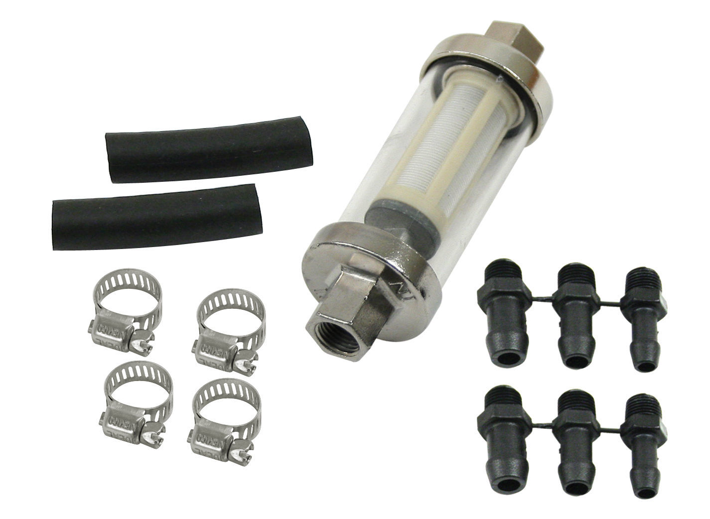 Universal 1/4" See Through Glass Fuel Filter With Fittings, Clamps