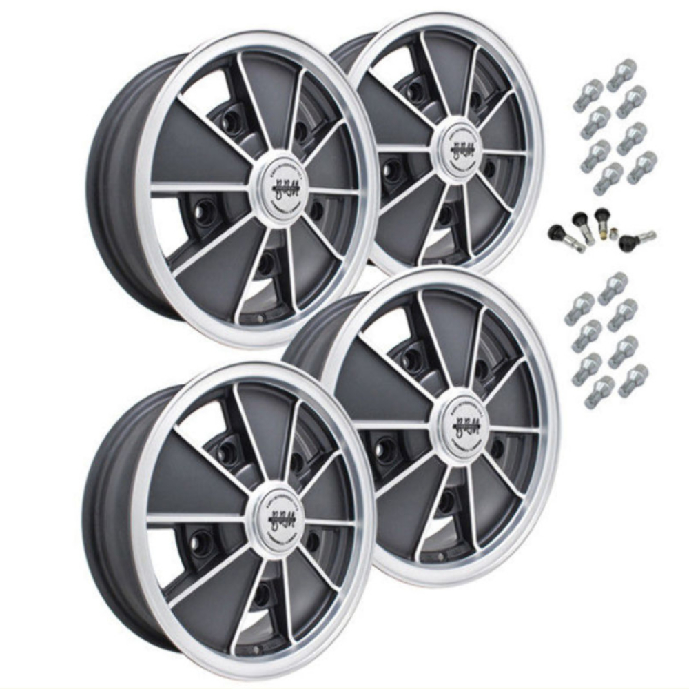 VW BUG GHIA EMPI BRM WHEEL SET 4 WITH LUGS 5 X 15 GLOSS BLACK POL/LIP 5