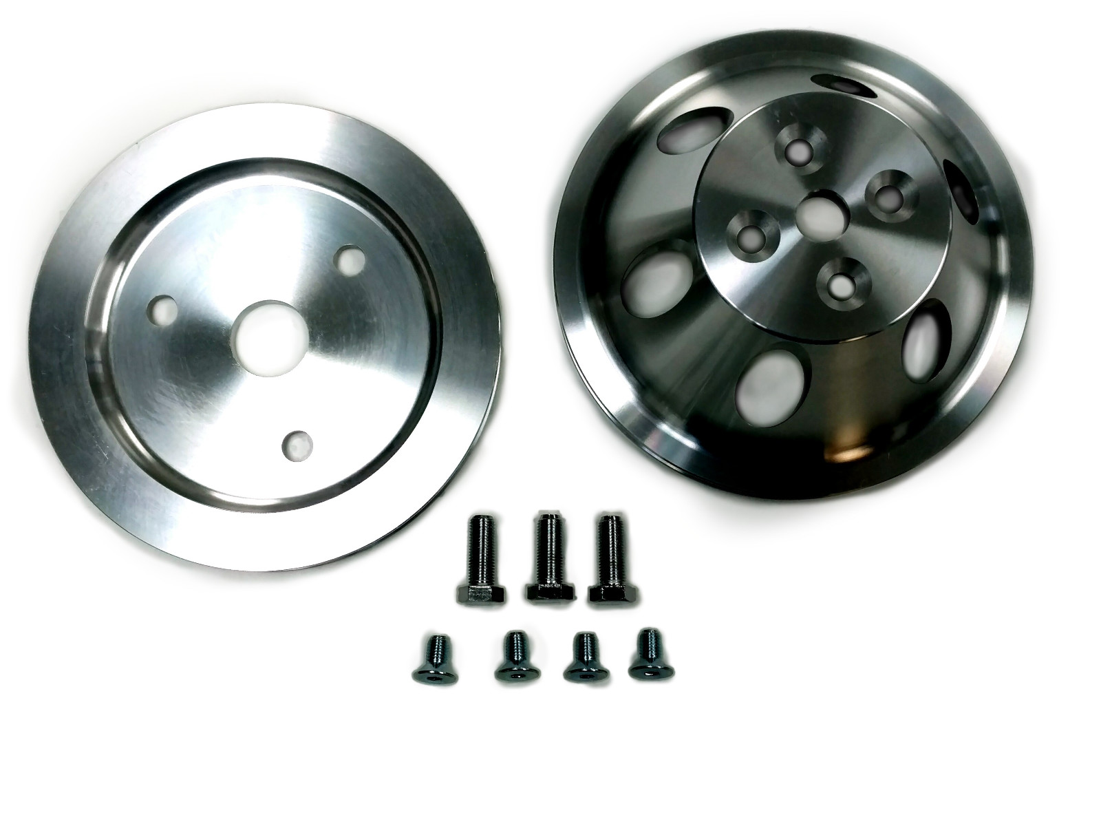 SBC Chevy 283350 Aluminum SWP 1 Groove Crankshaft Water Pump Pulleys & Bolt Kit Pirate Mfg